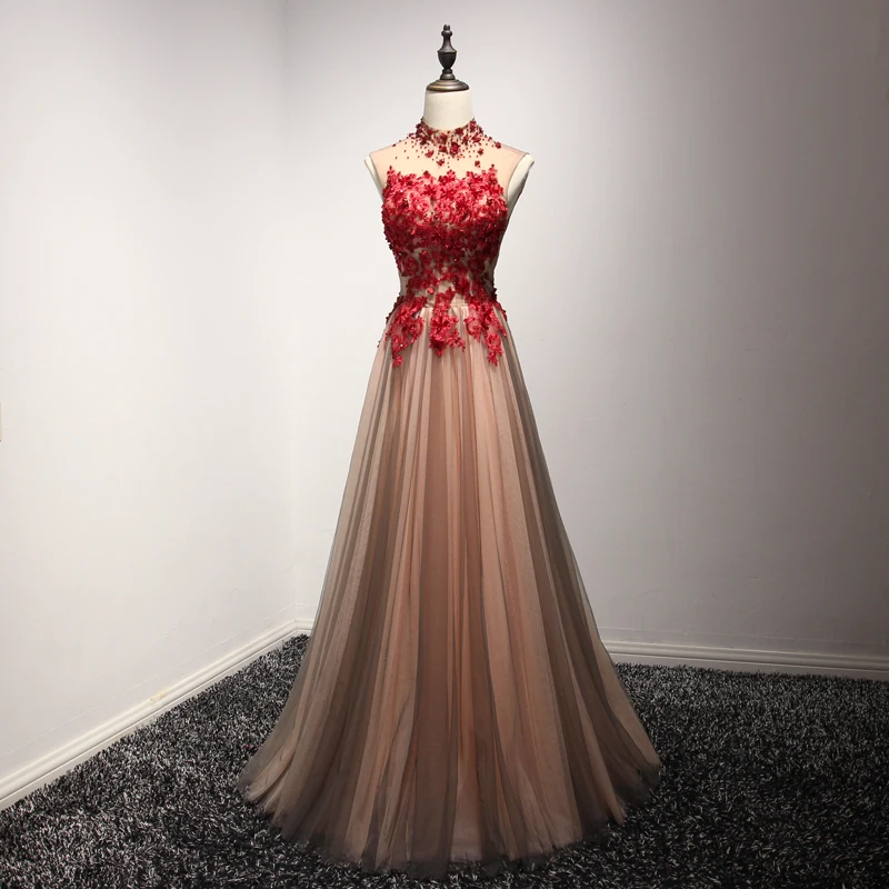 VENSANAC роскошное длинное вечернее платье трапециевидной формы с высоким воротом и кристаллами, вечерние платья с кружевной аппликацией и открытой спиной, платья для выпускного вечера с цветами