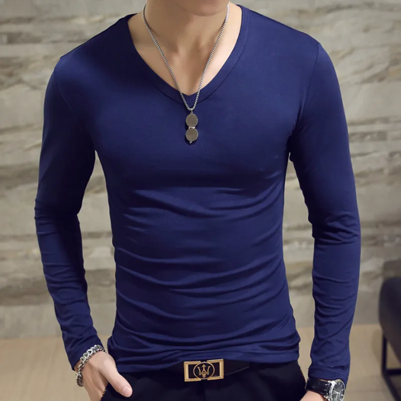 Men Autumn T-shirts Long Sleeves V Neck Pullover Slim Fit Casual Minimalist Male Tops XIN-Shipping Men Autumn T-shirts Long Sleeves V Neck Pullover Slim Fit Casual Minimalist Male Tops XIN-Shipping