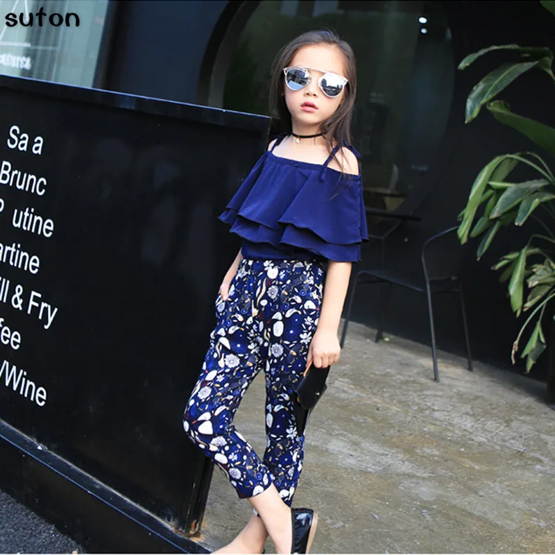 

suton Baby Girls Clothes Cool Girls Set New Summer Lotus Leaf Tops+floral Printing Pants Cozy 2PCS Baby Girls Clothes Kids Set