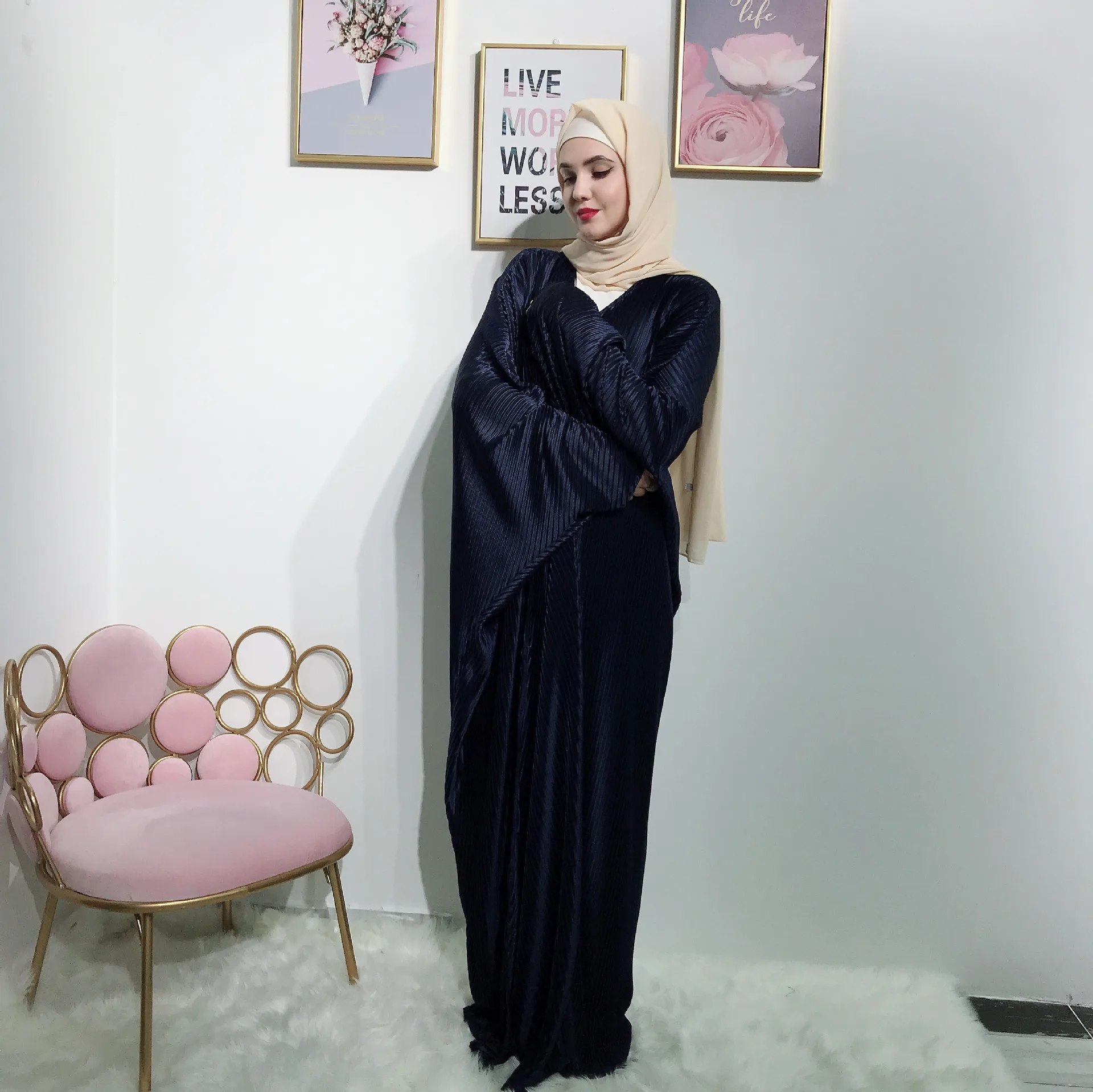 Elegnat мусульманское платье макси с рукавом «летучая мышь» Плиссированное длинное платье кафтан кимоно Рамадан ИД мусульманская молитва одежда Кафтан марокаин