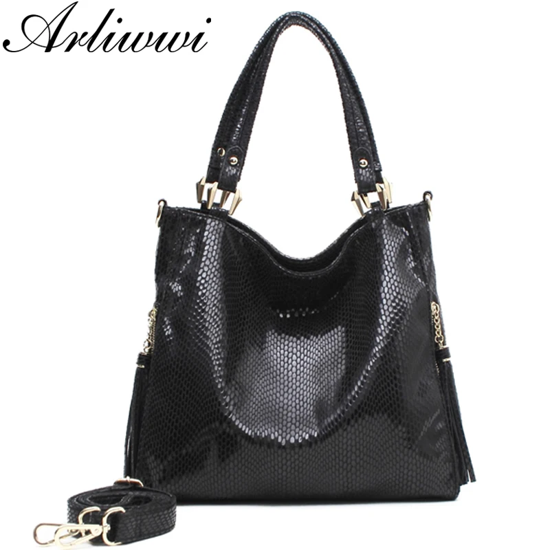 Arliwwi бренд высокое качество Блестящий из искусственной кожи OL стиль Змеиный тиснение большой емкости дамы сумки на плечо для женщин