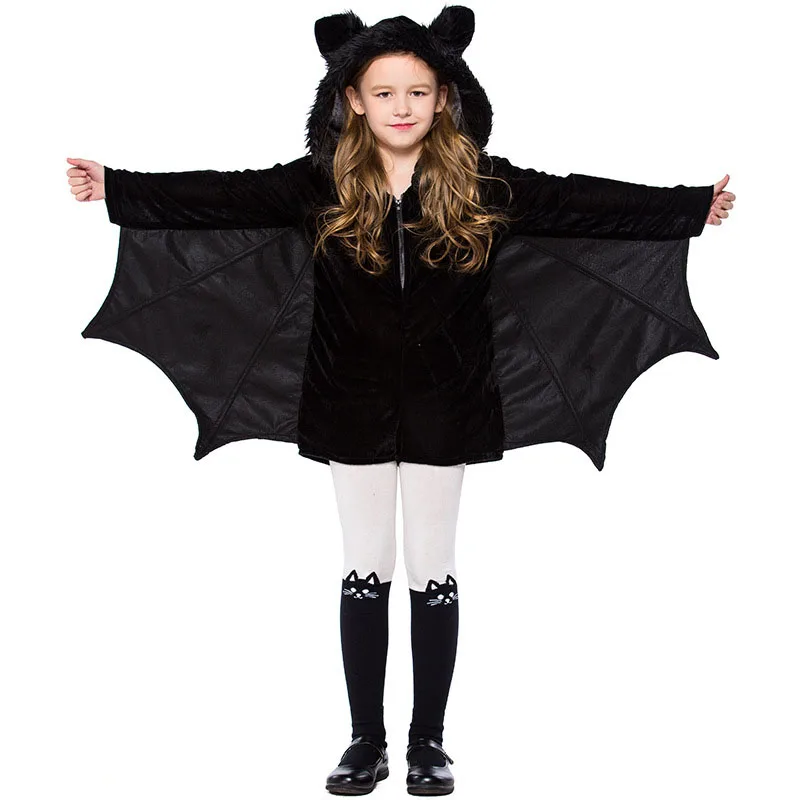 

4-12T Kid Girls Black Bat Costume Halloween Hooded Jumpsuit Romper Cosplay Outfit With Wings Ears Stockings For Child Teen Girls