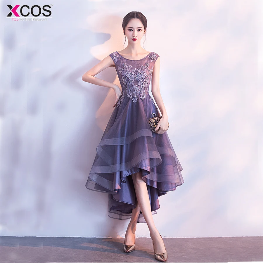 Purple Cocktail Dress Elegant High Low Appliques Vestido Cocktail