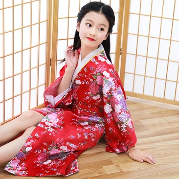 

Japanese Style Girls Kimono Gowns Vintage Original Traditional Print Flower Yukata Dress with Obi Halloween Cosplay Costumes