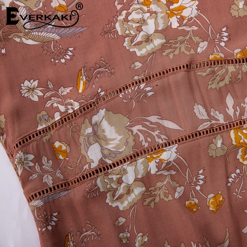 Everkaki Gypsy Floral Print Cotton Dress Women V Neck Lace Bohemian Midi Tunic Dress Boho Style Women Clothes 2018 Spell Design