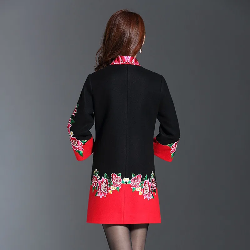 Plus Size 4XL Cashmere Flower Embroidery Women Winter Long Coats 2018 Black Red Patchwork Single Breasted Eleagnt Overcoat