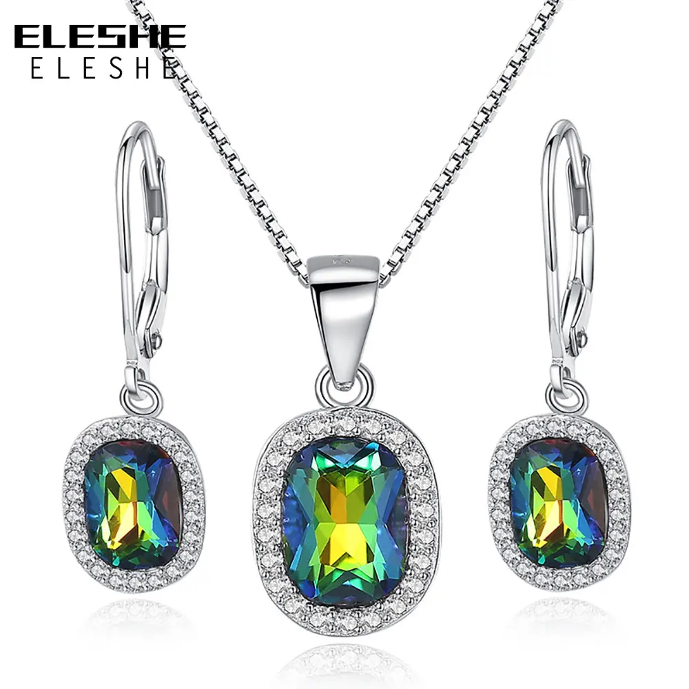 

ELESHE Genuine Rainbow Fire Mystic Cubic Zirconia Earrings/Pendant Necklace Sets Pure Solid 925 Sterling Silver Jewelry Sets