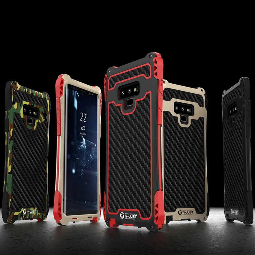 

R-JUST Shockproof Waterproof Case for Samsung Note 9 Carbon Fiber Metal Bumper Cover for Samsung Galaxy Note 9