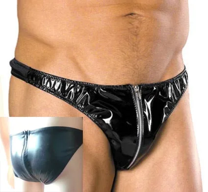 Sexy Mens Metallic Black Men PVC Plastic Wetlook Front Zip Pouch G-String Mankini Wet Look Underwear Fetish Lingerie Outfit