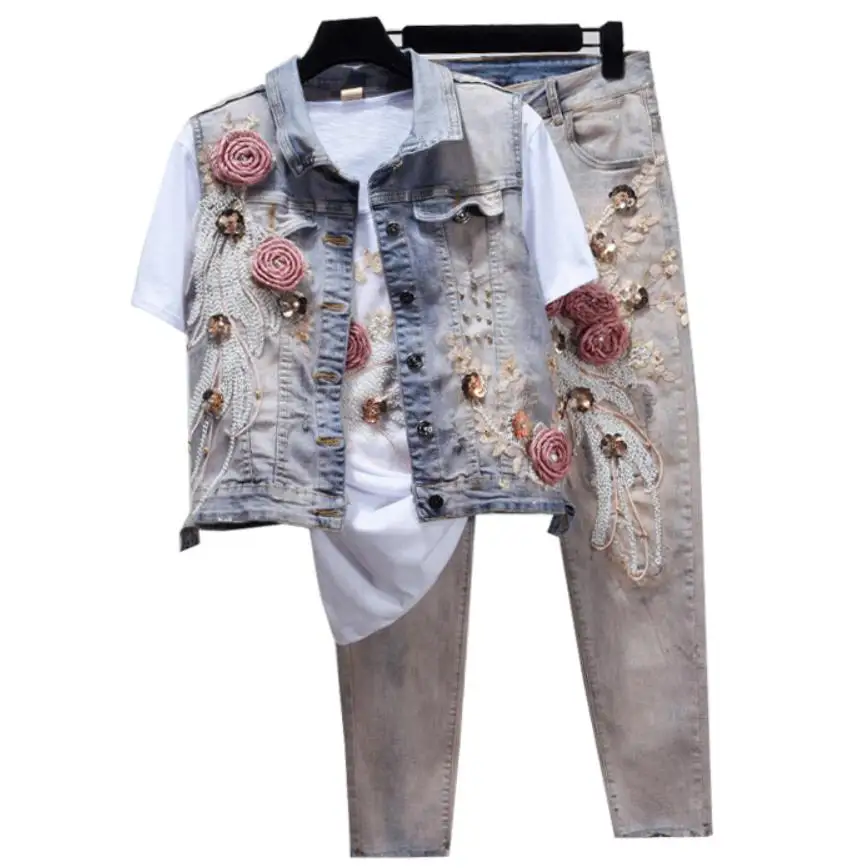 

Flower denim Vest + Stretch Pants 2019 Casual Suits Women sequined skinny jeans Two Piece Jeans Set For Women