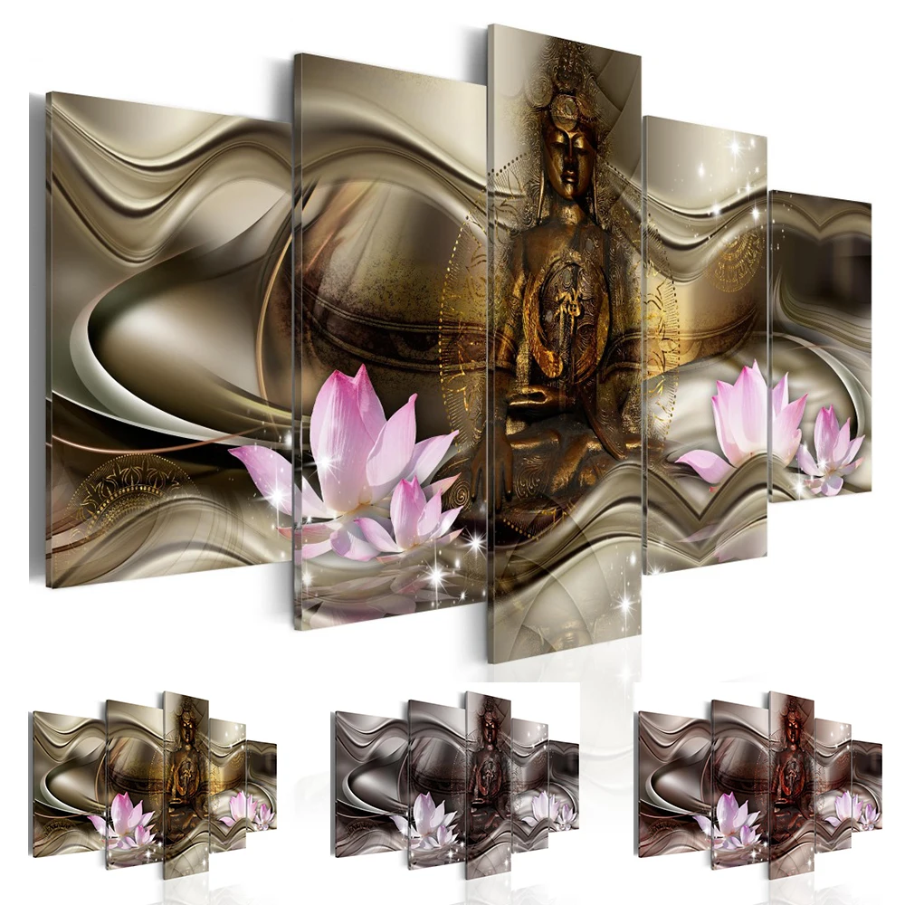 Fashion Wall Art Canvas Painting 5 Pieces Gold Grey Red Lotus Abstract