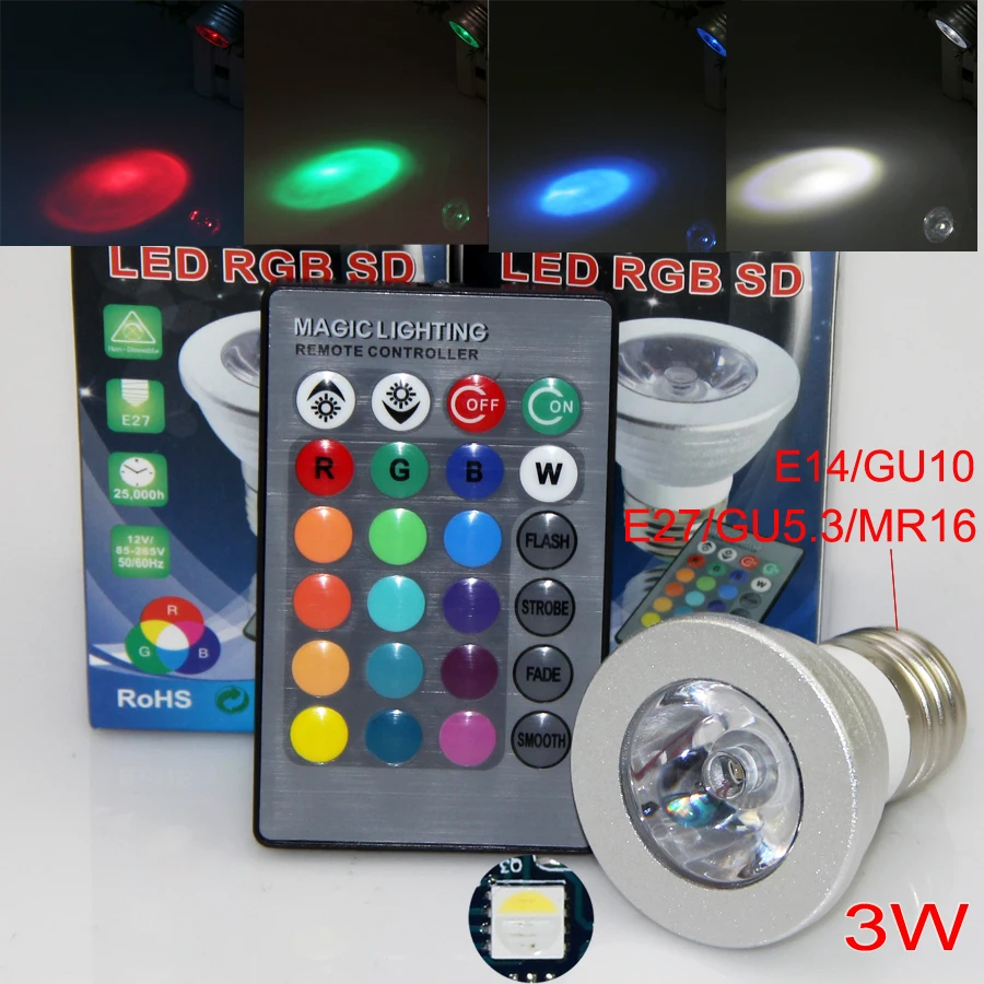 

10 Pcs/Lot 3W RGB RGBW LED Spotlight Bulb E27 E14 GU10 GU5.3 MR16 85-265V Multi-Color KTV Bar Home Decoration+Remote Controller