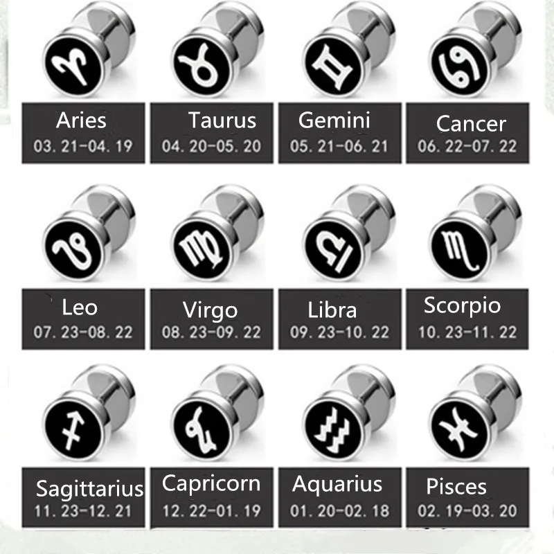 

1 Piece Fashion Punk Earrings Double Sided Round Bolt 12 constellation stainless steel Stud Earrings Gothic Men women Jewelry