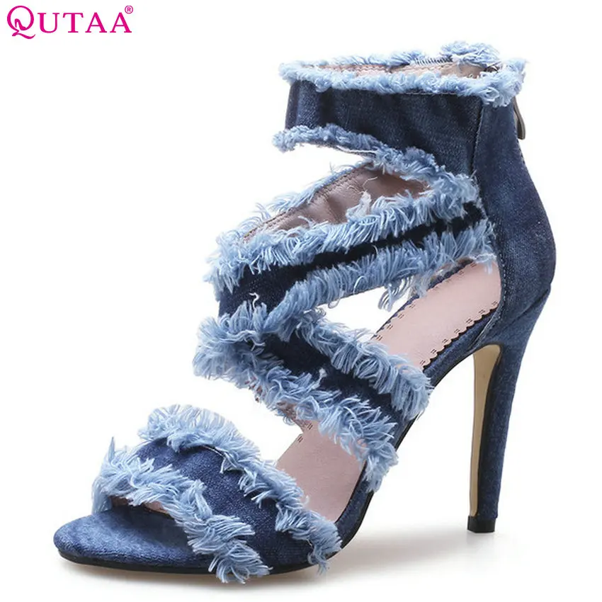 

QUTAA 2018 Women Sandals Westrn Style Fashion Women Shoes Platform Denim All Match Thin High Heel Women Sandals Size 34-43
