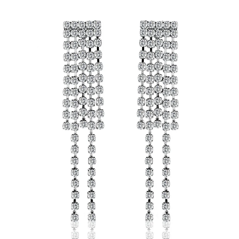 

HanCheng Fashion Dangle Hanging Tassels Silver Long Earrings Rhinestone Drop Earrings For Women Square Jewelry brincos bijoux