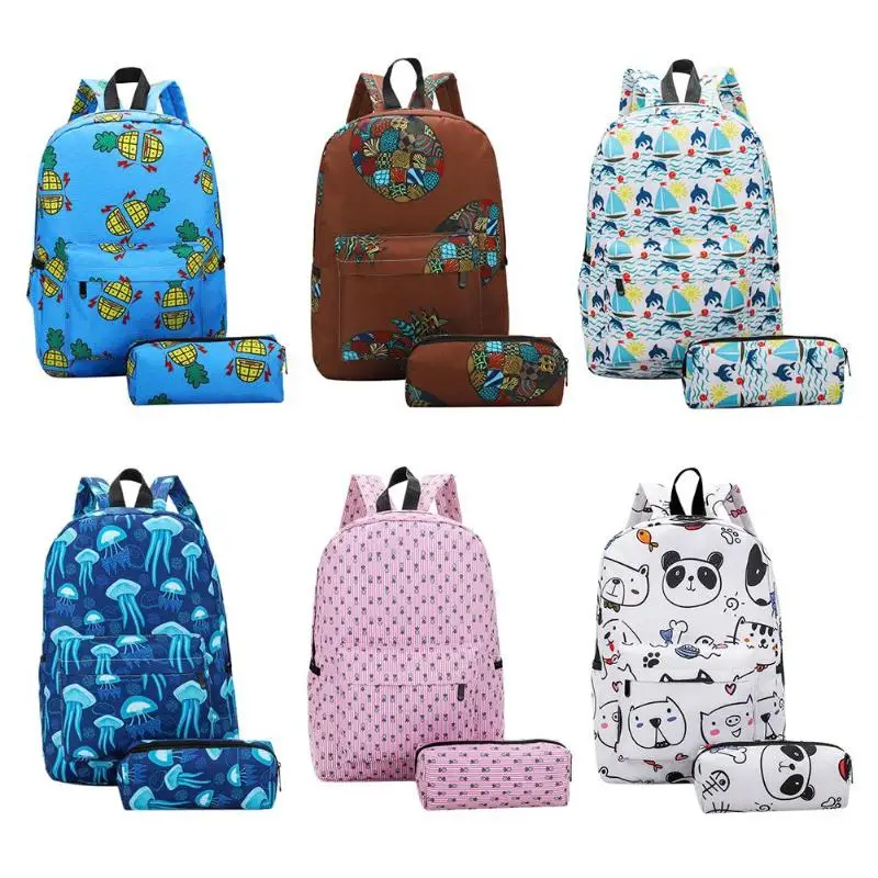 

2Pcs/Set Cute Printed Women Backpack with Pencil Case Canvas School Bags for Teenage Girls & College Students Mochila Feminine