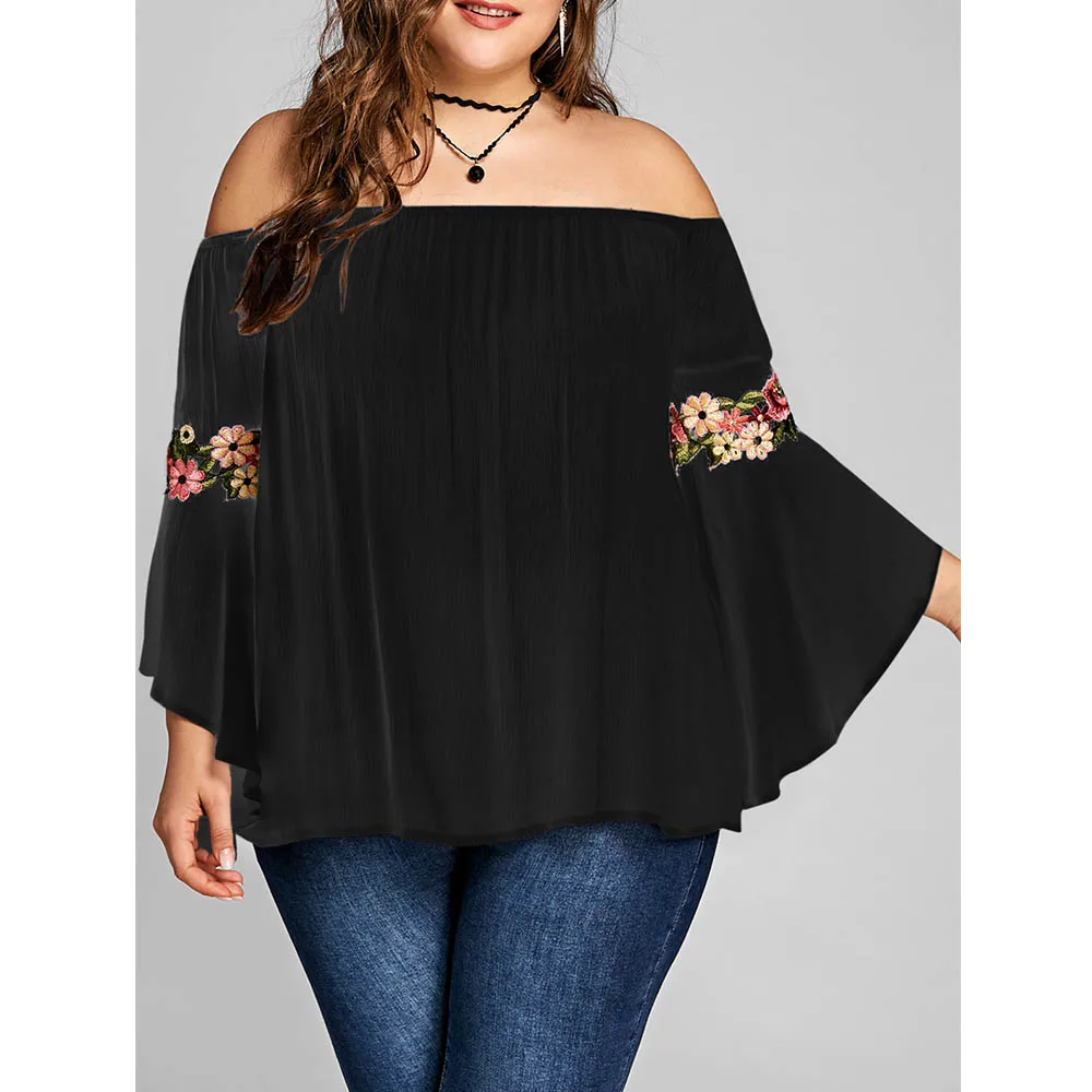 ROSEGAL, женские футболки размера плюс, 5XL, вышивка колокольчиком, длинный рукав, топ с открытыми плечами, Цветочные Топы, сексуальные, Praty, женская одежда