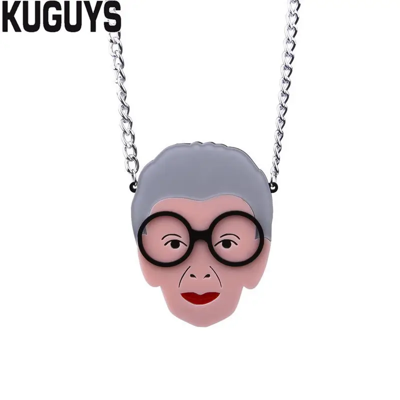 

KUGUYS Fashion Acrylic Jewelry Custom Women Grandma Head Portrait Pendant Necklace Sweater Chain HipHop Rock Necklaces