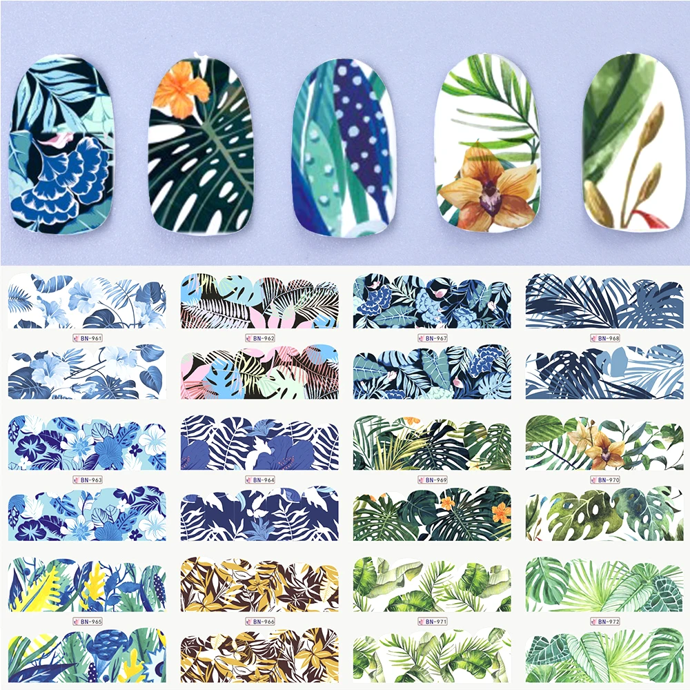 

12 Designs Nail Sticker Water Transfers Decals Slider Daisy Flower Summer Jungle Leaves for Nails Art Decoration Set TRBN961-972