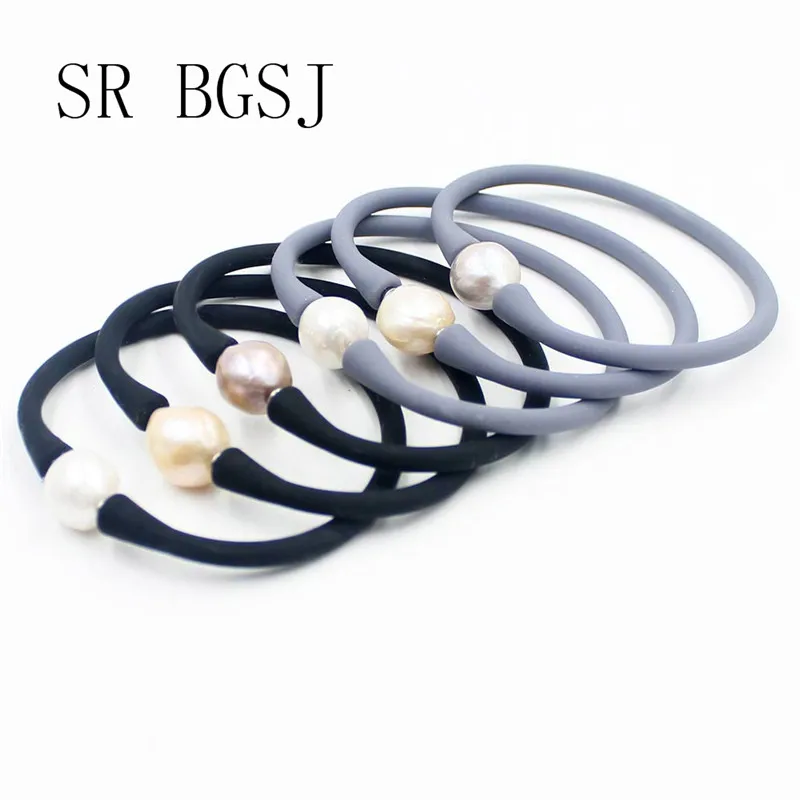 

Free Shipping 10-11mm Edision Freshwater Pearl Bead Silicone Rubber Stretch Women Bracelet 7