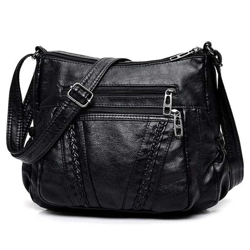 

Fashion Women Crossbody Bag Black Soft Washed Leather Shoulder Bag Patchwork Messenger Bag Small Flap Bag For Girls Black Pals