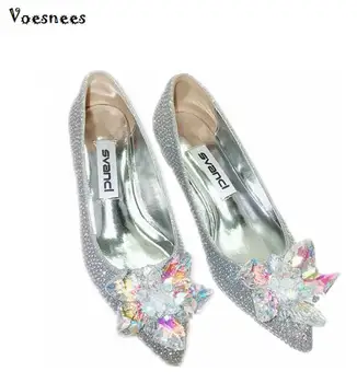 

2019 New Wedding Shoes Women Cinderella Crystal Shoes Bridal Thin High Heels 7/9CM Rhinestone Flower Woman Shoes Pumps Silver