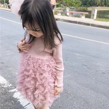 

Spring Autumn girls tutu dress Baby dress kids knitted dress Children vestidos layered mesh lacing pleated 1 to 7 yrs