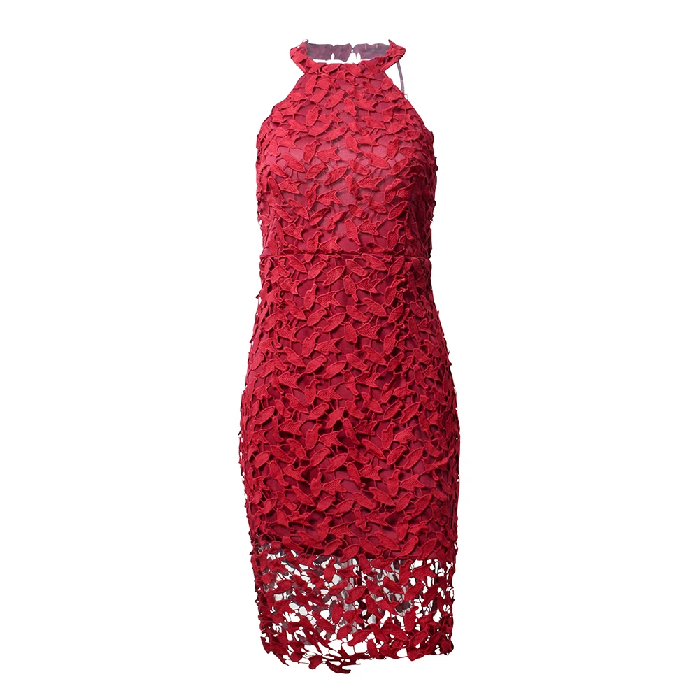 Anself mujeres Halter cuello vestido de encaje sin mangas y espalda abierta Backless Midi Bodycon vestido ahueca hacia fuera vaina Casual lápiz vestido