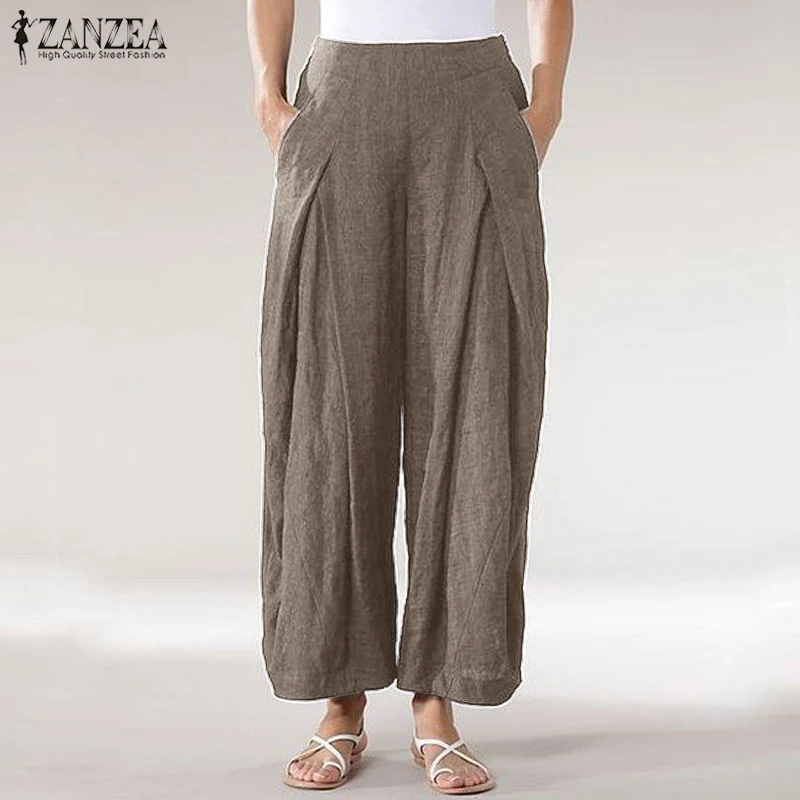 ZANZEA летние кафтан широкие брюки женские брюки повседневные Плиссированные Длинные Панталоны Палаццо женские брюки репа с эластичной талией