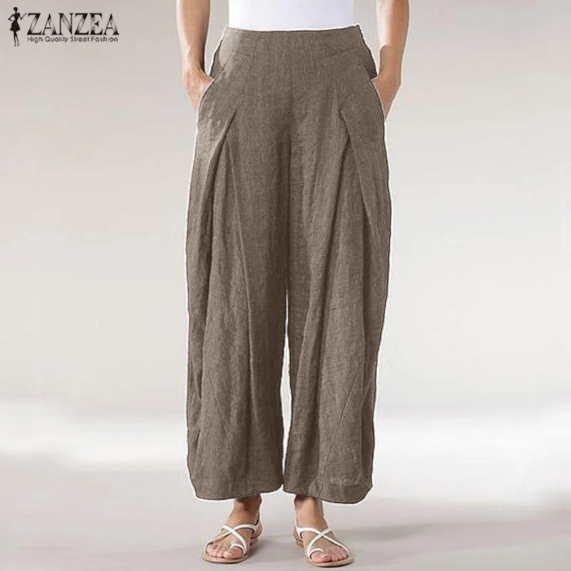 

ZANZEA 2019 Summer Kaftan Wide Leg Pants Women's Trousers Casual Pleated Long Pantalon Palazzo Woman Elastic Waist Turnip Pants