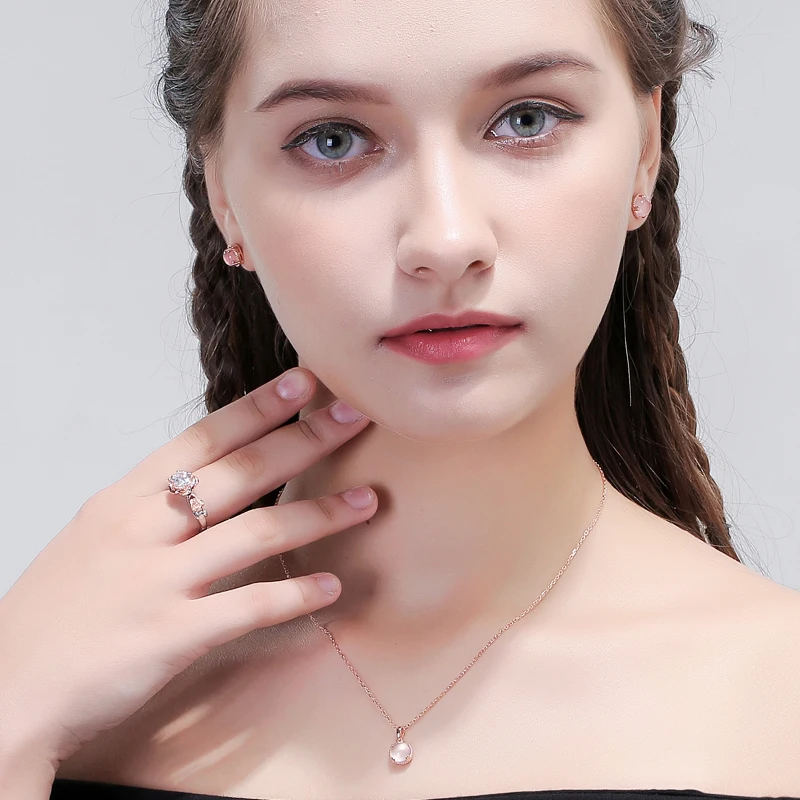 EDI Genuine 7mm Natural Gemstone Rose Quartz Crystal Jewelry Set 100% 925 Sterling Silver Pendant Stud Earrings For Women