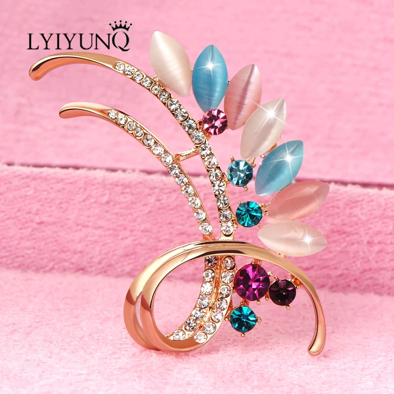 Lyiyunq Vintage Feather Crystal Brooches Pins For Women Classic Opal
