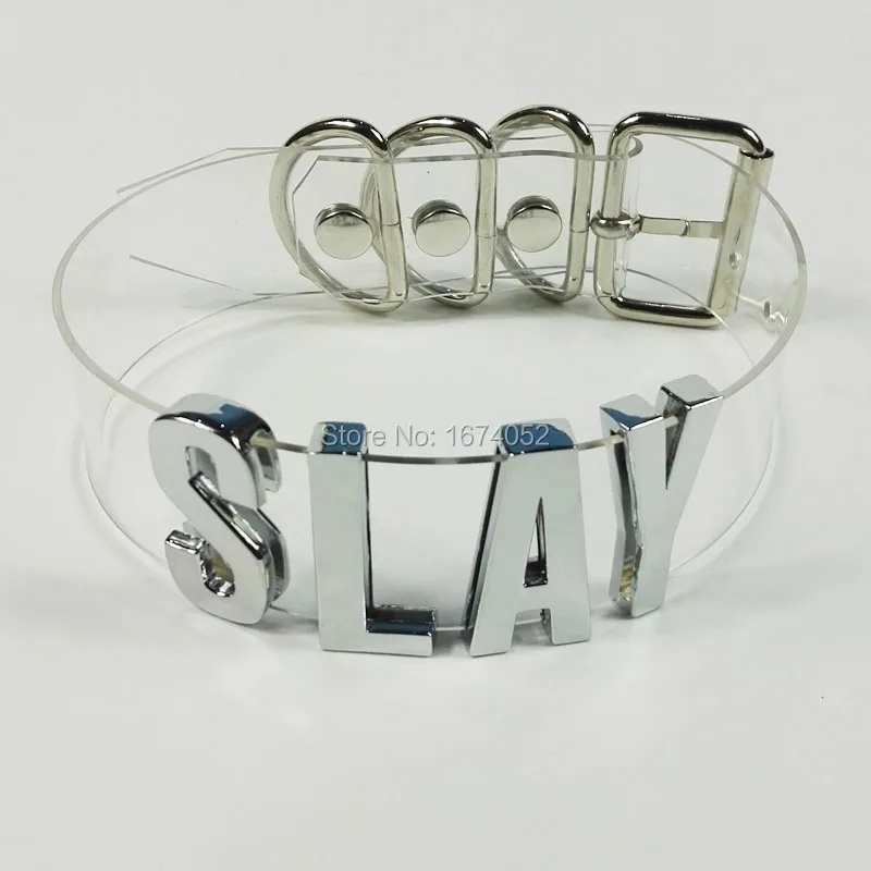 

Punk Gothic Slay Slave Choker Men Women Unisex Handmade Letter Choker Silver Word Name Collar Clear PVC Necklace