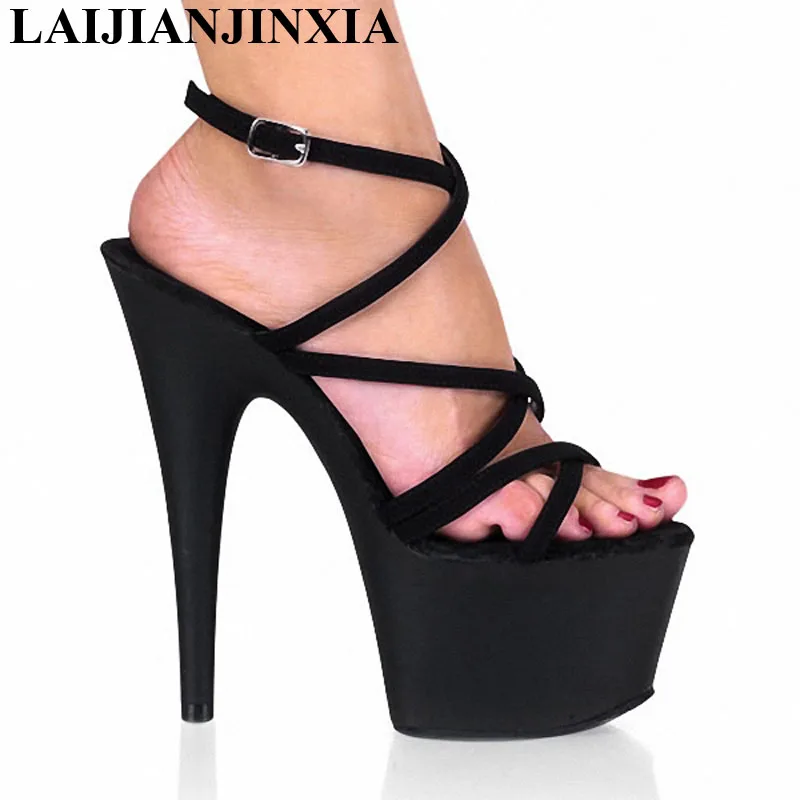 LAIJIANJINXIA Black Shoes For Women Sandals High Heels Pole Dancing Sexy Shoes Fashion Buckle Strap 17 CM High Heel Dance Shoes