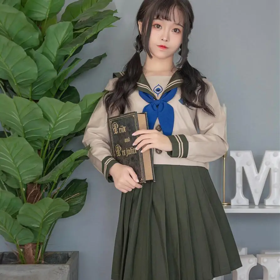 

Japanese JK Sets Embroideried School Uniform Girls Spring Autumn Orthodox High School Women wind Navy Sailor Suits Uniforms