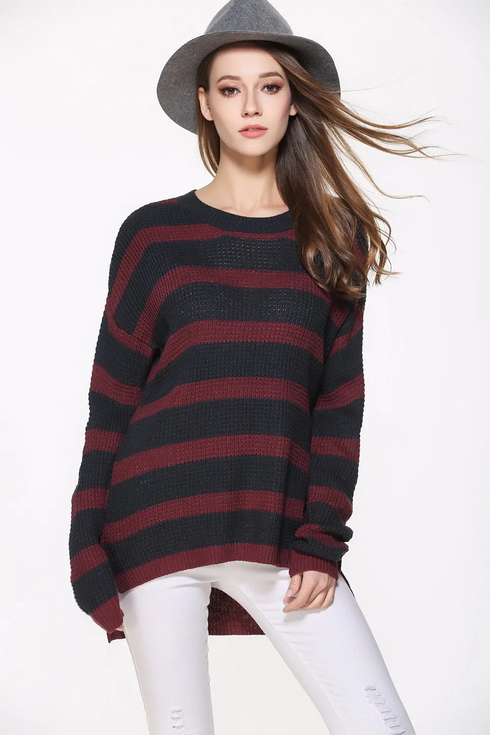 

Quality New Autumn Winter Women Sweater Pullover Loose Stripe Long Sleeve Knitting Sweater Casual Split Ladies Sweater