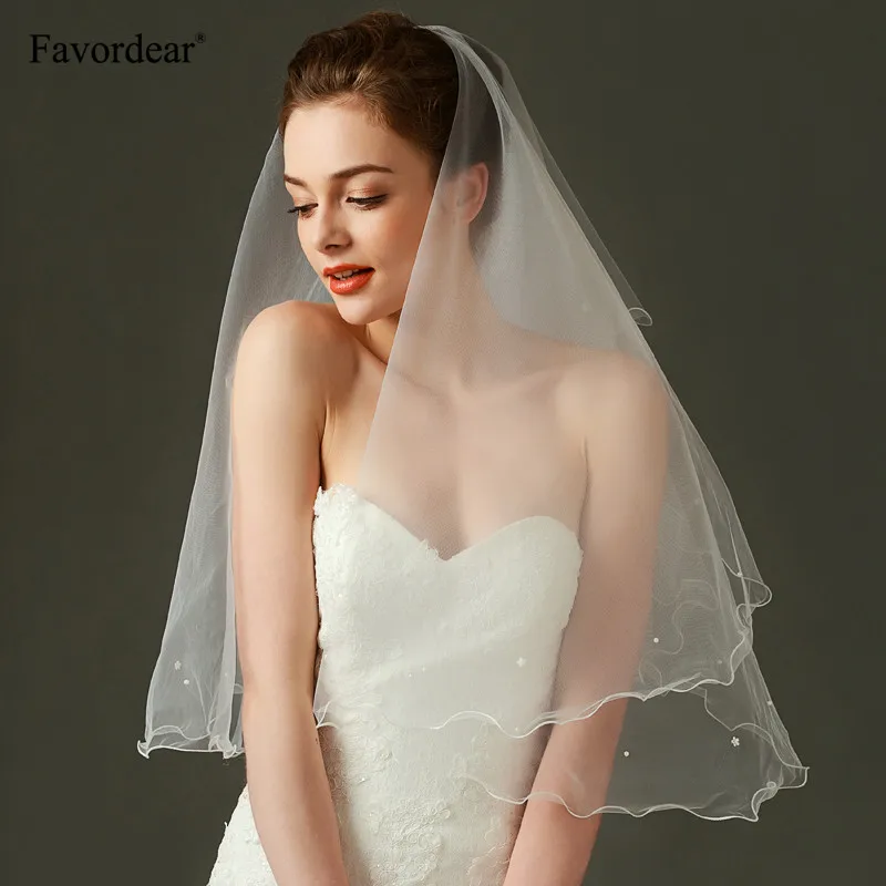 Favordear Short Bridal Veils Ivory Pencil Edge Wedding Veils For Bride