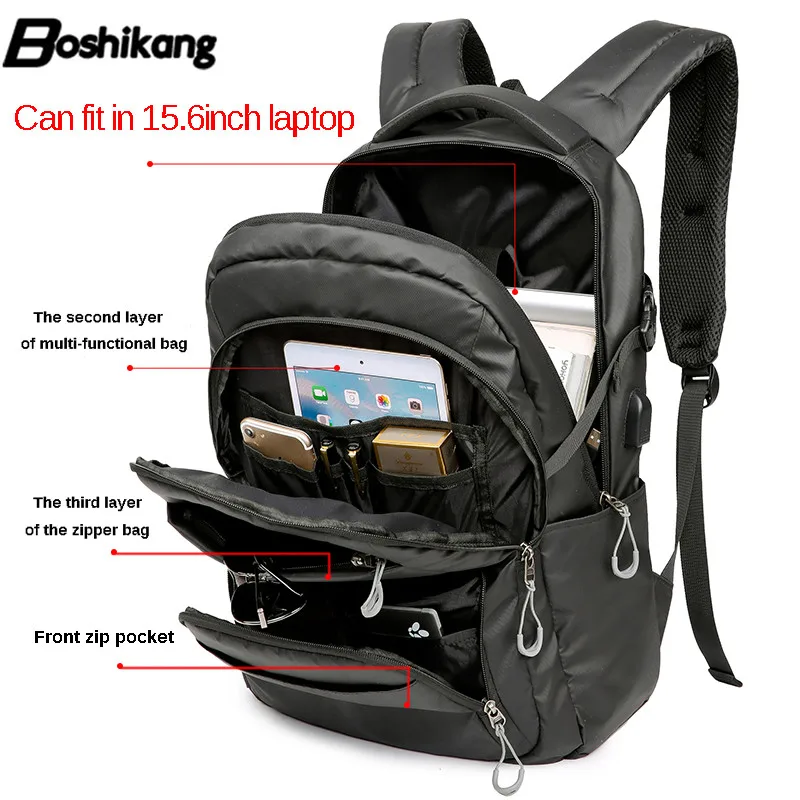 

Boshikang USB charging backpacks male waterproof Oxford cloth schoolbag computer bag wave multi-function travel bagpack mochila