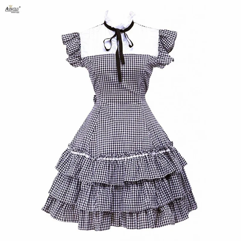 

Womens Classic Lolita Dress Cotton Black&White Checked Short Sleeves Lolita Party Dress Ainclu XS-XXL Femlae