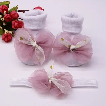 

New Breathable Baby Socks Cotton for Girls Kids Infant Childrens Socks + Hair Band Bebe Clothes Cute Big Bow Slip Soft Non-Slip