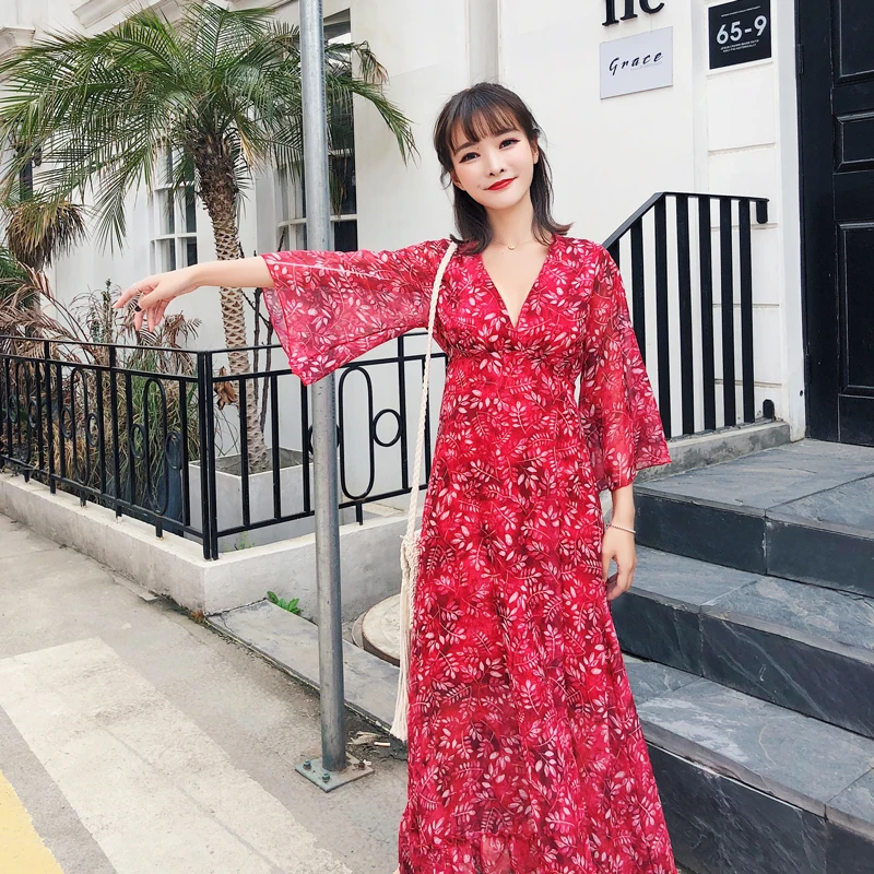 

MUMUZI Sexy v neck flower Print Beach Summer Dress Women 2019 red Deep V Neck big swing maxi long dresses chiffon beach wear