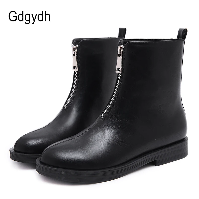 

Gdgydh Fashion Zipper Autumn PU Leather Boots Women Rubber Sole Black Square Heels Boots Ladies Shoes Footwear Comfortable