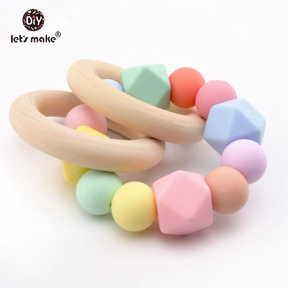 

1PC Let's Make 1pc Colorful Silicone Beaded Bracelet Silicone Teether Chewing Hex Beads Maple Wooden Ring Rattle Baby Teetehr