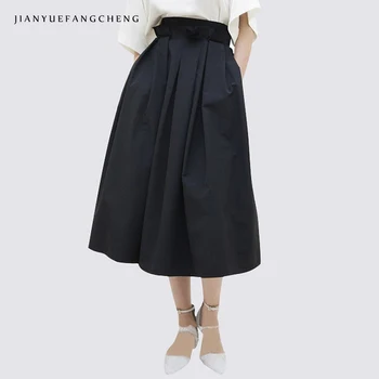 

Fashion High Waist A Line Summer Skirt 2018 Women Plus Size Black Midi Skirt All-match Zipper Mid-calf Jupe Female Bottoms
