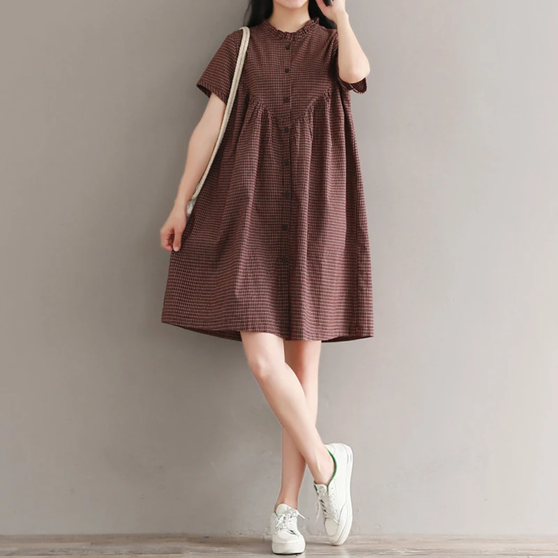 

2019 Summer Plus Size Women's Casual Simple Loose Button Dress Vintage Plaid Shirt Dress Knee Length Cotton and Linen Dress