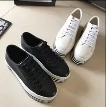 Kaeve Hot New Casual Black/White Genuine Leather Lace-up Shoes Round Toe Cross-tied Women’s Shoes Mixed Color Platform Shoes