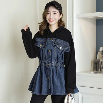 

Vintage Single Breasted Fake Two Pieces Jacket Denim Jacket Women Autumn High Waist Overcoat Plus Size Hooded Coat