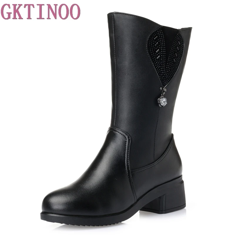 Laine Naturelle Plate Femmes En forme Gktinoo Bottes With Qualité Fur Black black La D'hiver Avec mollet Wool Cuir Haute Fur De Chaussures brown Véritable Mi brown Wool by7gYf6