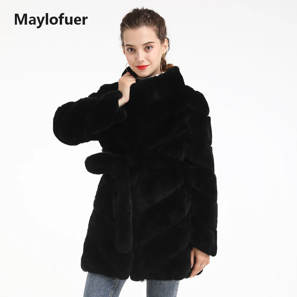 Maylofuer Long Women Real Rex Rabbit Fur Coat with Belt Smooth Fur Jacket Fur Strip Rabbit Fur Coats