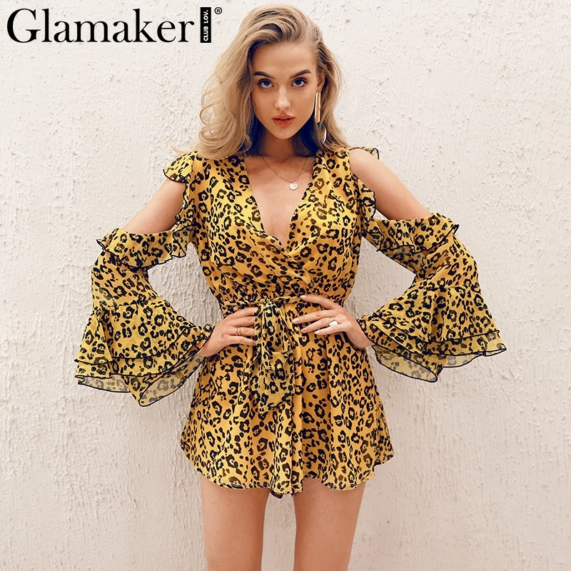 Glamaker Leopard print chiffon women playsuit Off shoulder deep V neck lace up romper Flare Sleeve party summer holiday jumpsuit